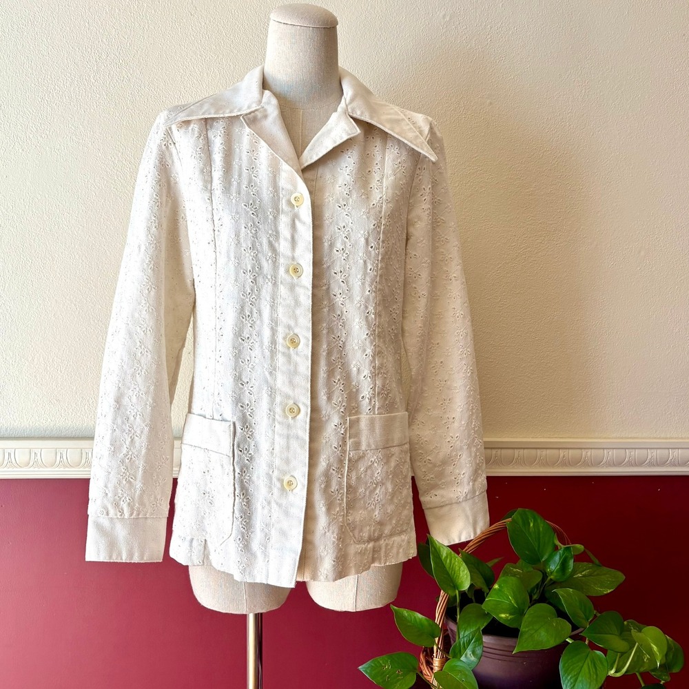 Vintage 1970s Campus Casuals Eyelet Button Up Shirt Jacket Cream S Retro Pockets